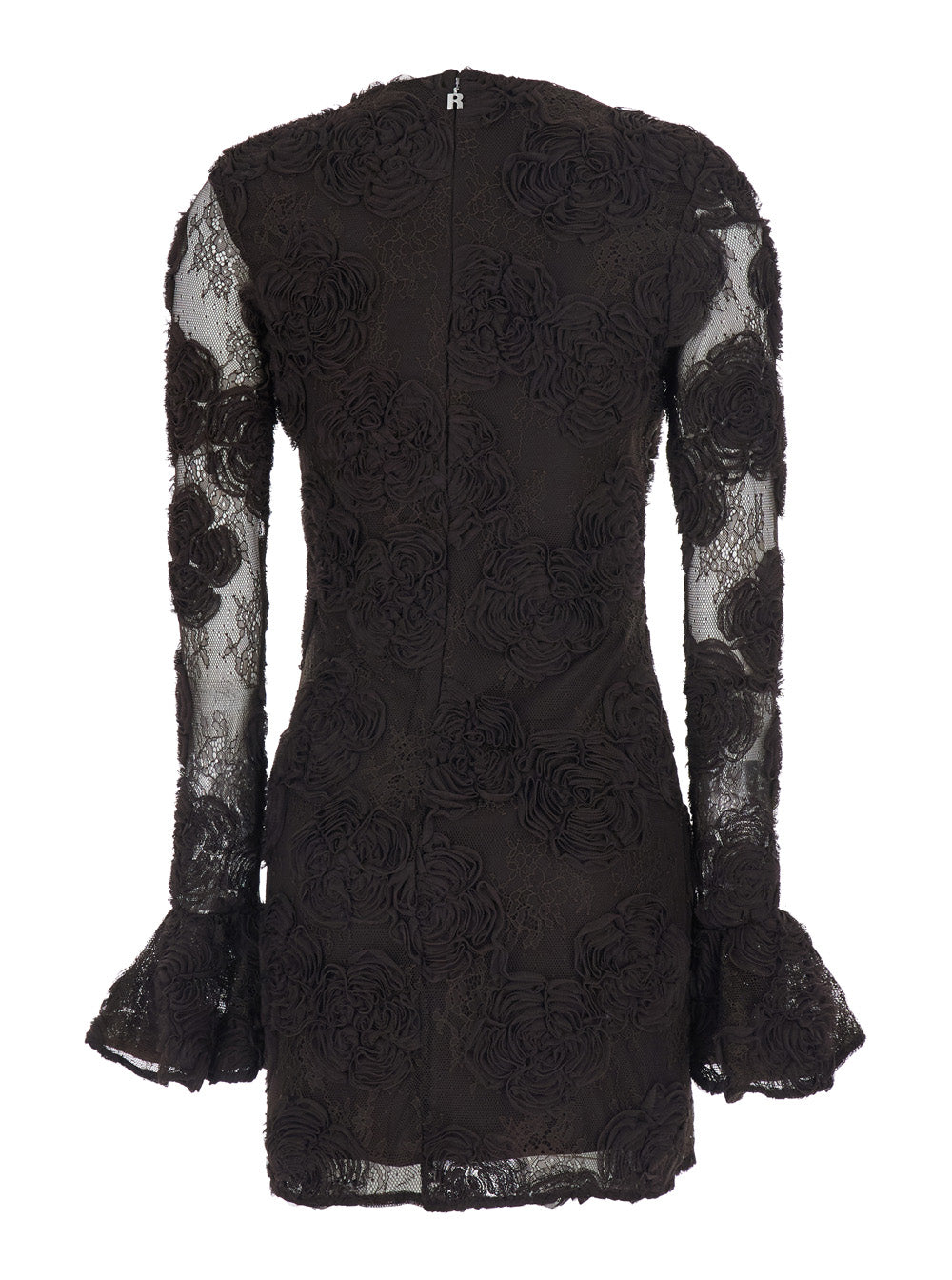 Rotate Women Brown Mini Dress With All-Over Floral Embroidery And Long Flared Sleeves In Tech Fabric For Women ROTATE