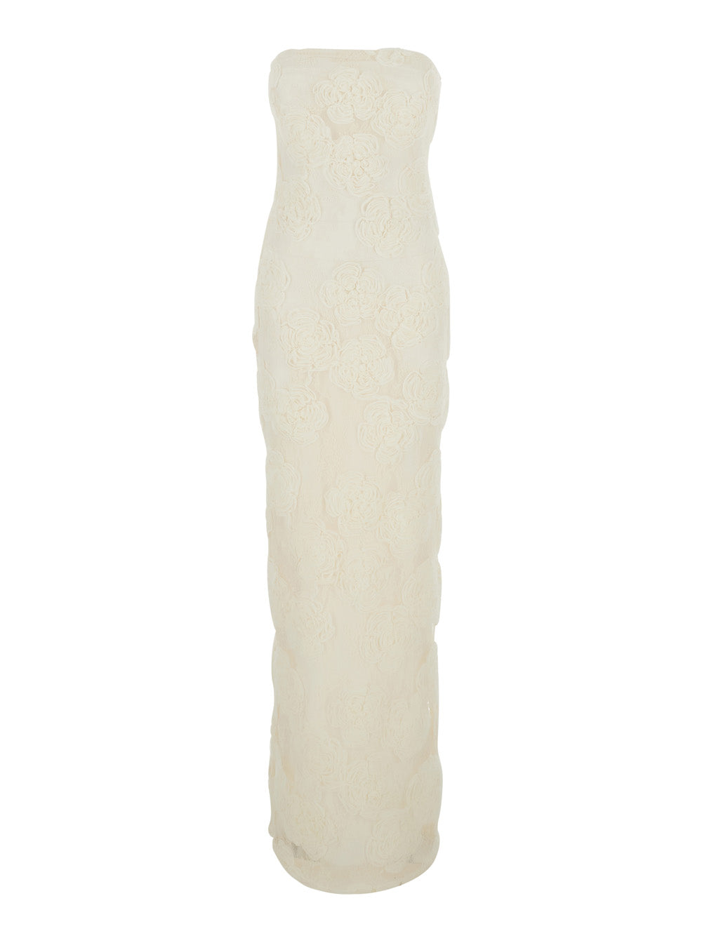 Rotate Women White Long Sleeveless Dress With Off-Shoulder Design And All-Over Floral Embroidery In Tech Fabric For Women
