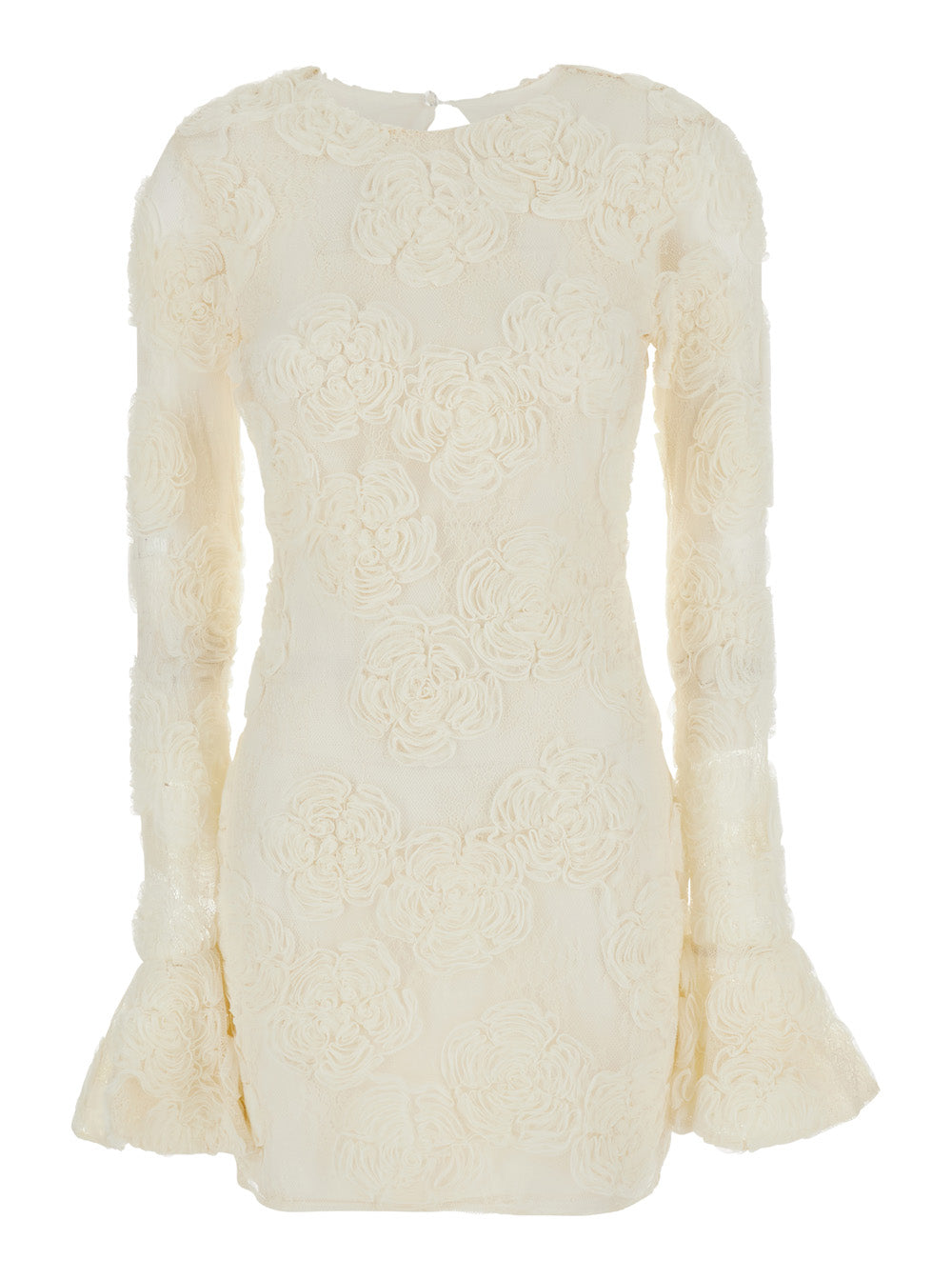 Rotate Women White Mini Dress With Long Flared Sleeves And All-Over Floral Embroidery In Tech Fabric For Women