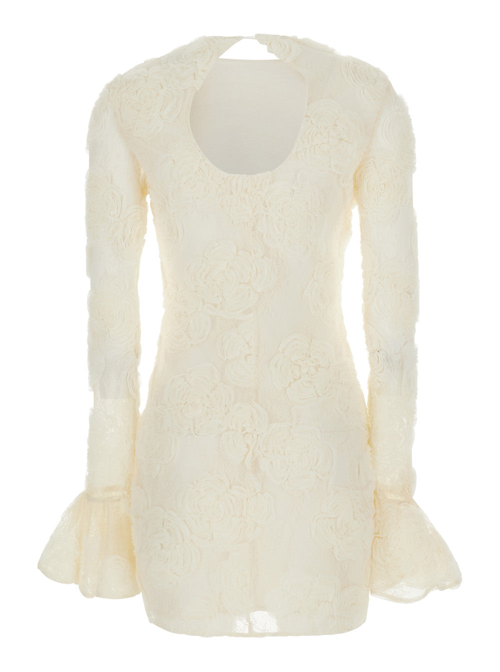 Rotate Women White Mini Dress With Long Flared Sleeves And All-Over Floral Embroidery In Tech Fabric For Women