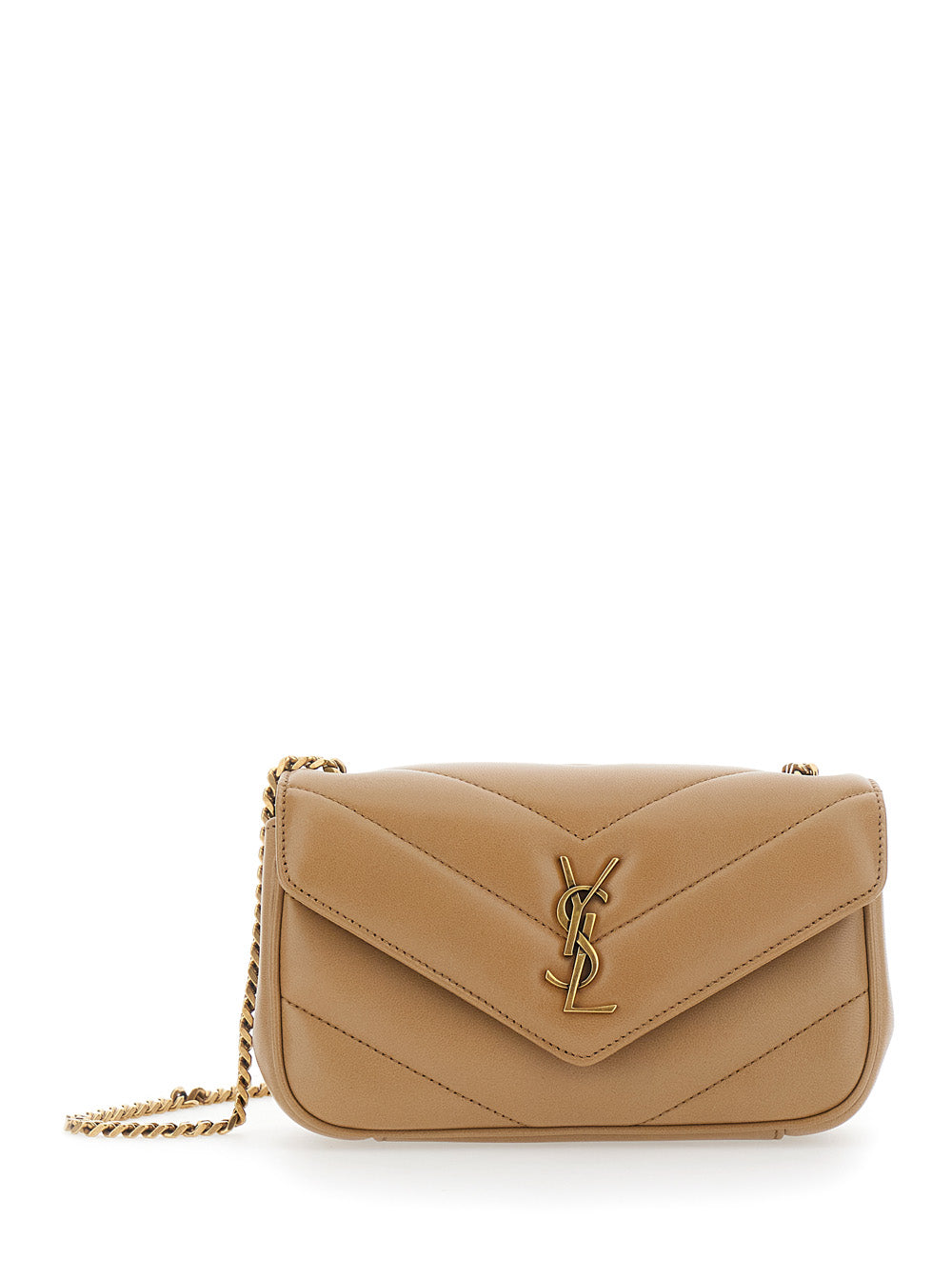 Saint Laurent Women 'Loulou' Beige Mini Crossbody Bag With Cassandre Plate On The Front And Chain Strap In Leather For Women