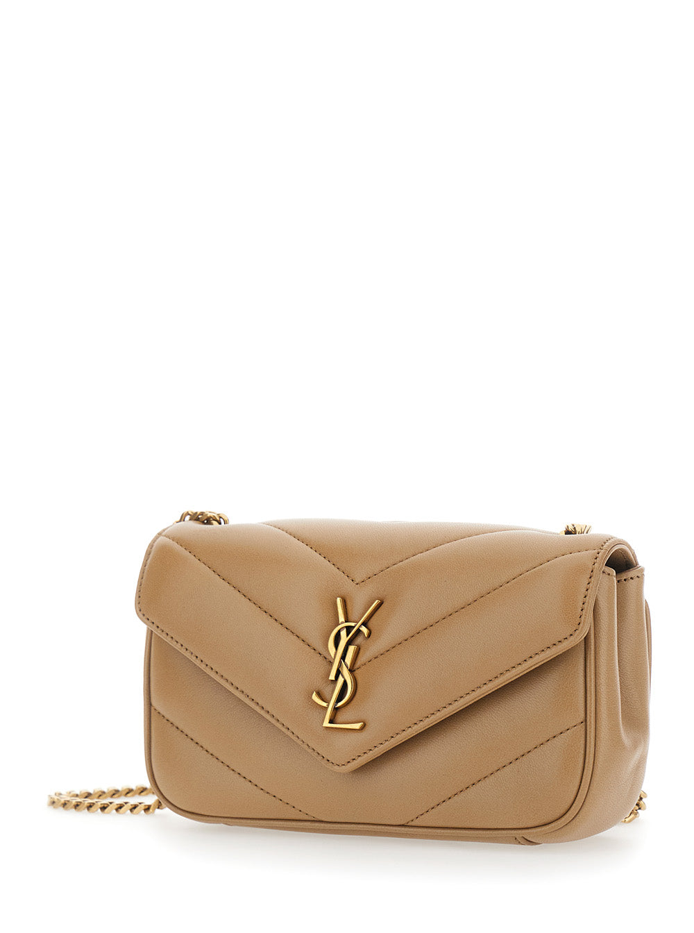 Saint Laurent Women 'Loulou' Beige Mini Crossbody Bag With Cassandre Plate On The Front And Chain Strap In Leather For Women