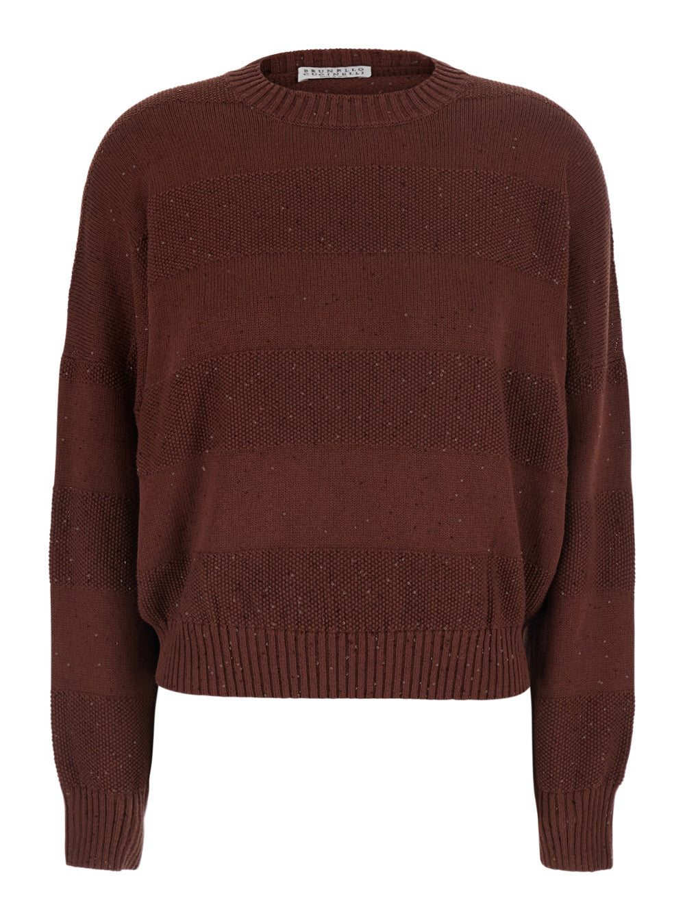 Brunello Cucinelli Women Brown Crewneck Sweater With Net Knit In Cotton Blend For Women BRUNELLO CUCINELLI
