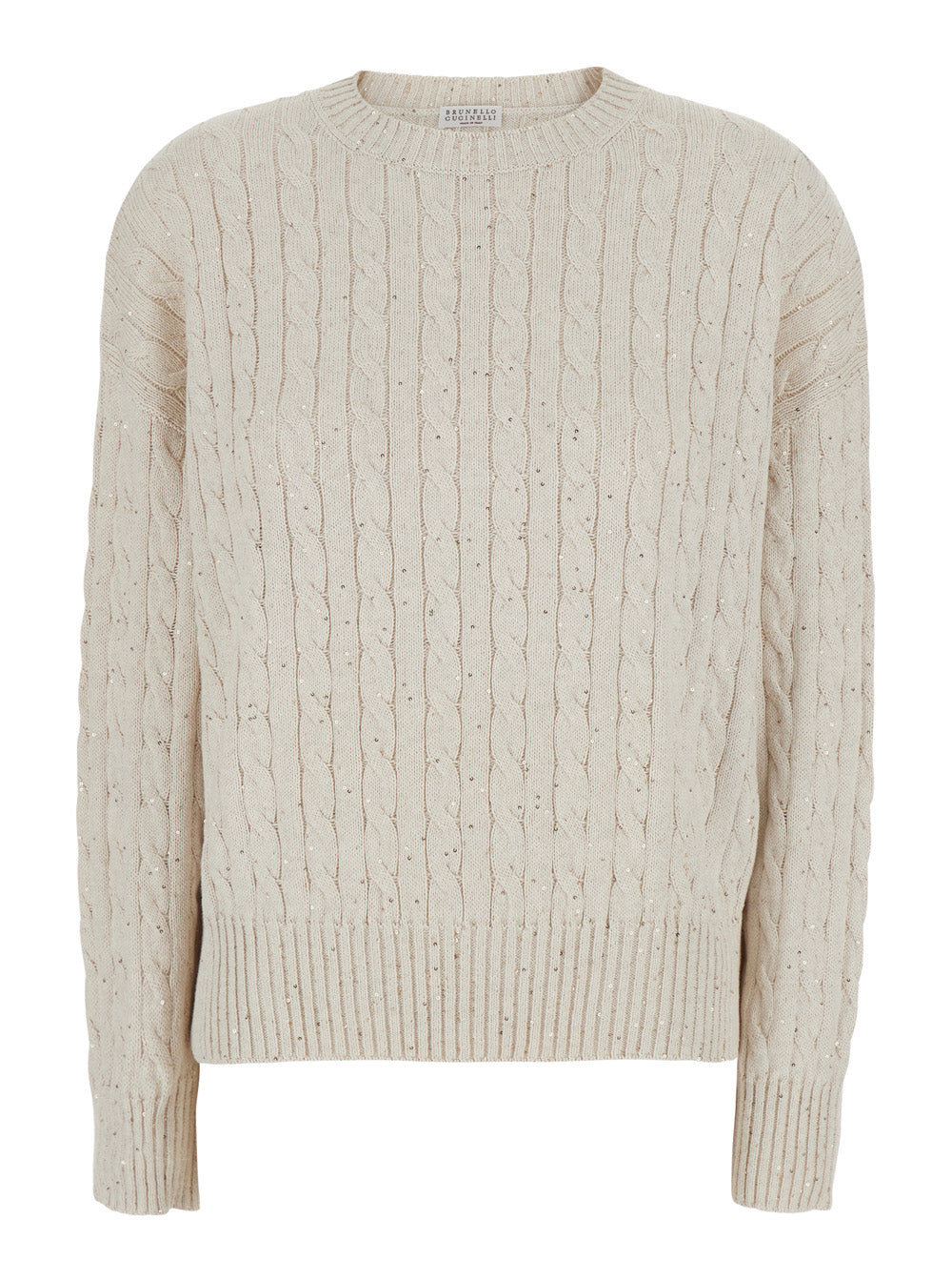 Brunello Cucinelli Women White Sweater With Cable Knit And Ribbed Finishes In Cotton Blend For Women BRUNELLO CUCINELLI