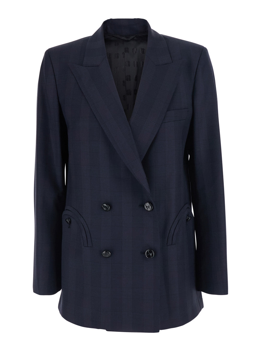 Blaze Milano Women 'Aramis' Blue Double-Breasted Jacket With Peak Revers And Check Motif All-Over In Wool For Women BLAZE MILANO
