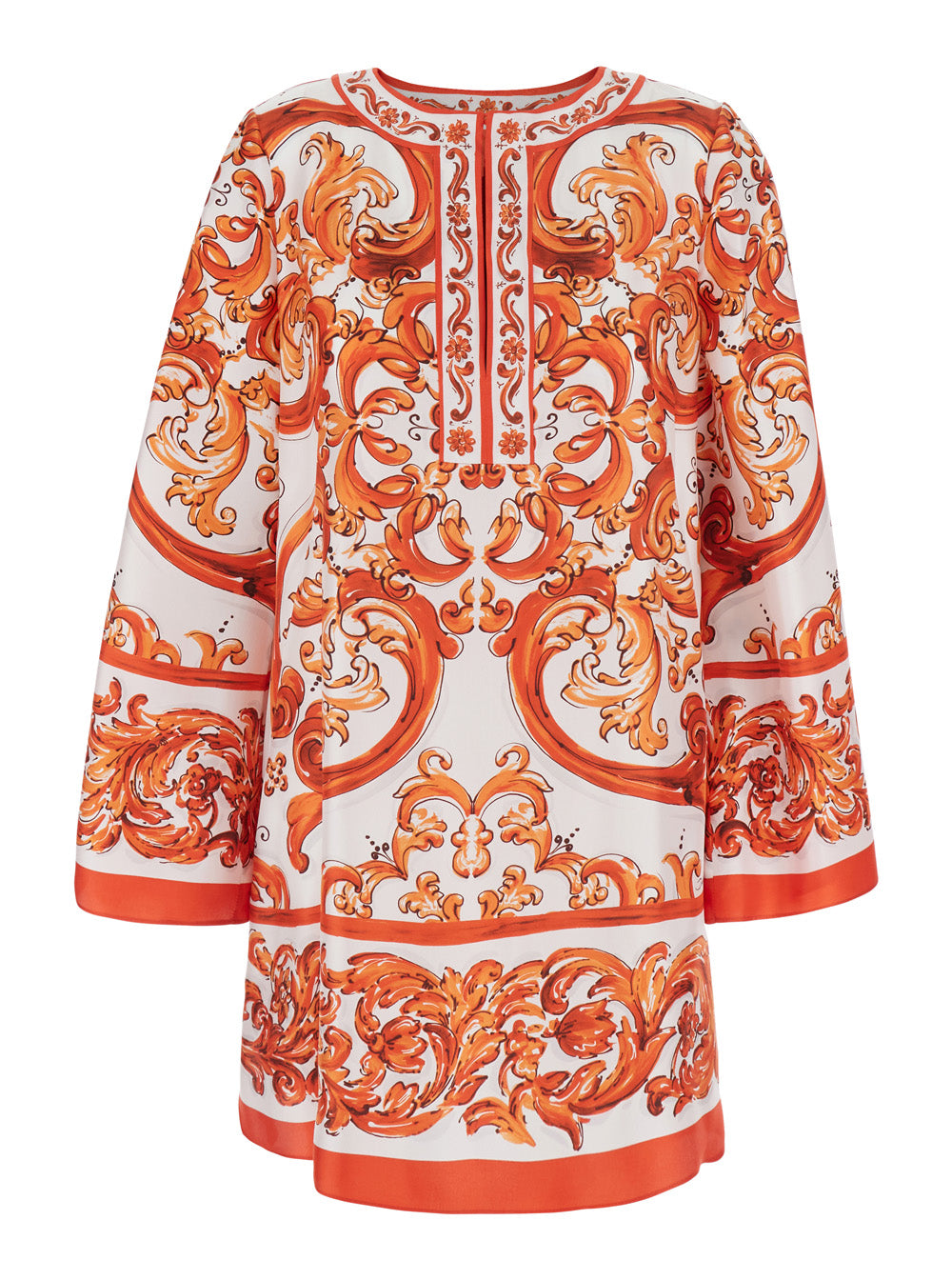 Dolce & Gabbana Women Orange Mini Dress With Wide Long Sleeves And Maiolica Motif All-Over In Silk Woman