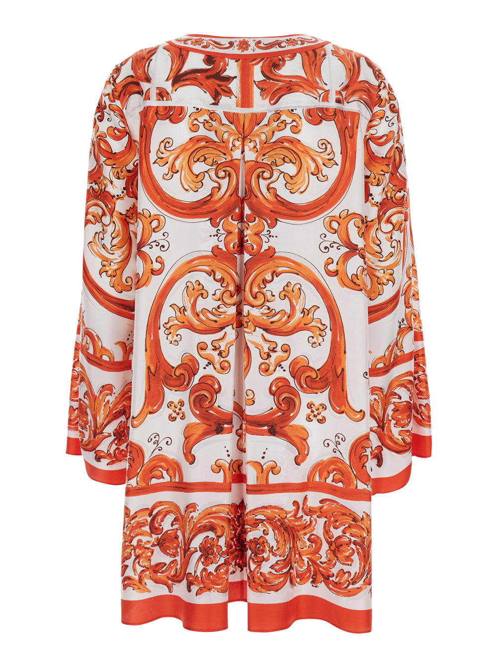 Dolce & Gabbana Women Orange Mini Dress With Wide Long Sleeves And Maiolica Motif All-Over In Silk Woman