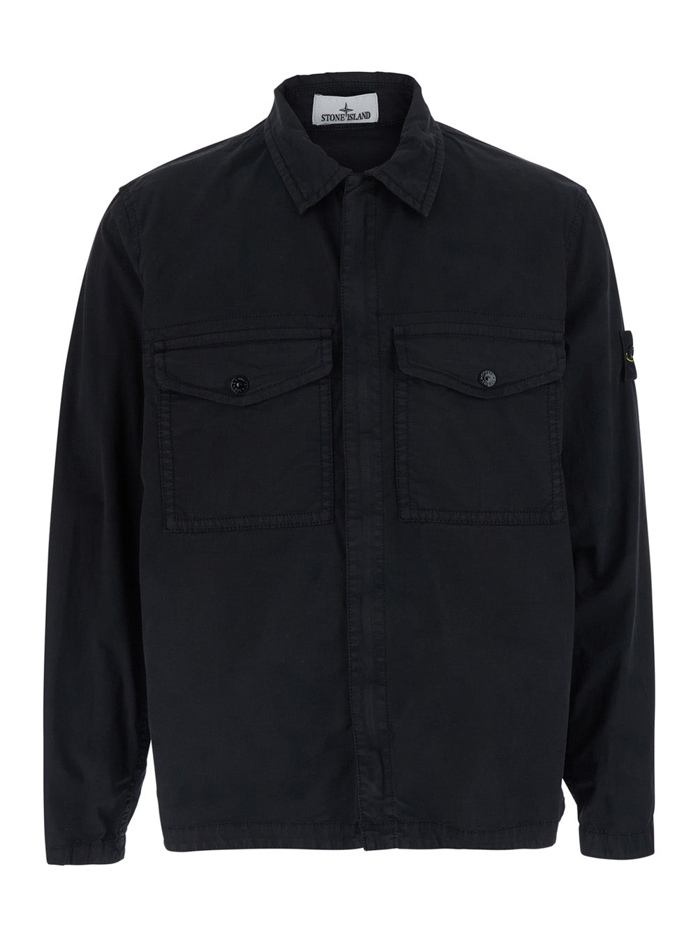 Stone Island Men Black Shirt With Classic Collar And Logo Patch On The Sleeve In Cotton For Men