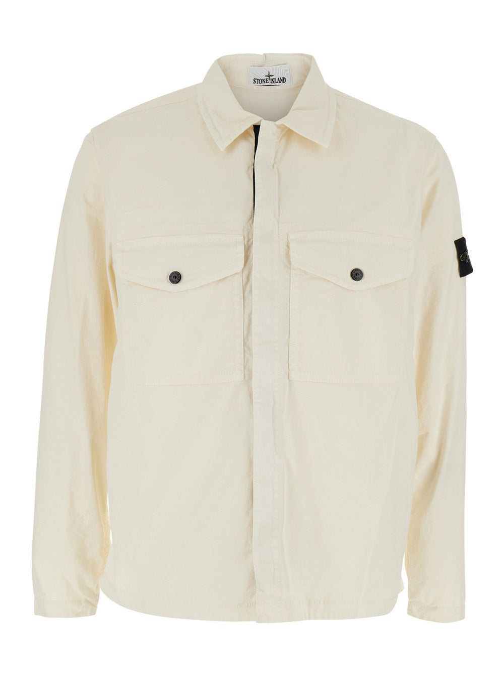 Stone Island Men White Shirt With Classic Collar And Logo Patch On The Sleeve In Cotton For Men