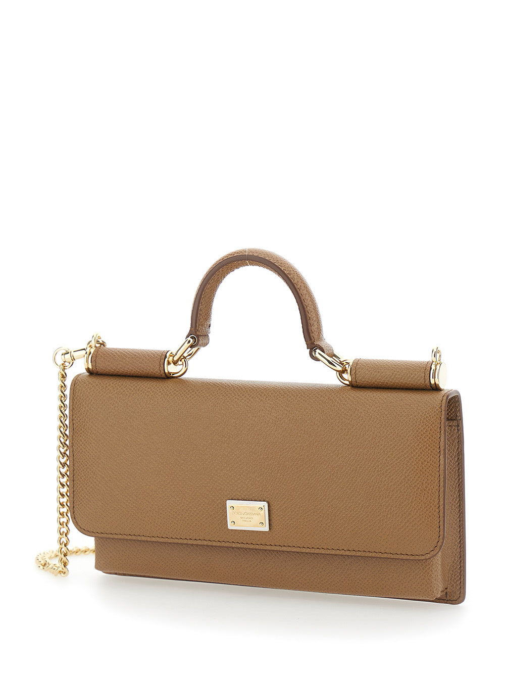 Dolce & Gabbana Women Brown Mini Bag With Chain Strap And Logo Plate On The Front In Leather For Women