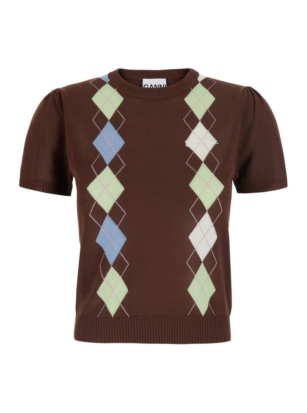 Ganni Women Brown Short-Sleeved Sweater With Argyle Motif On The Front In Cotton For Women