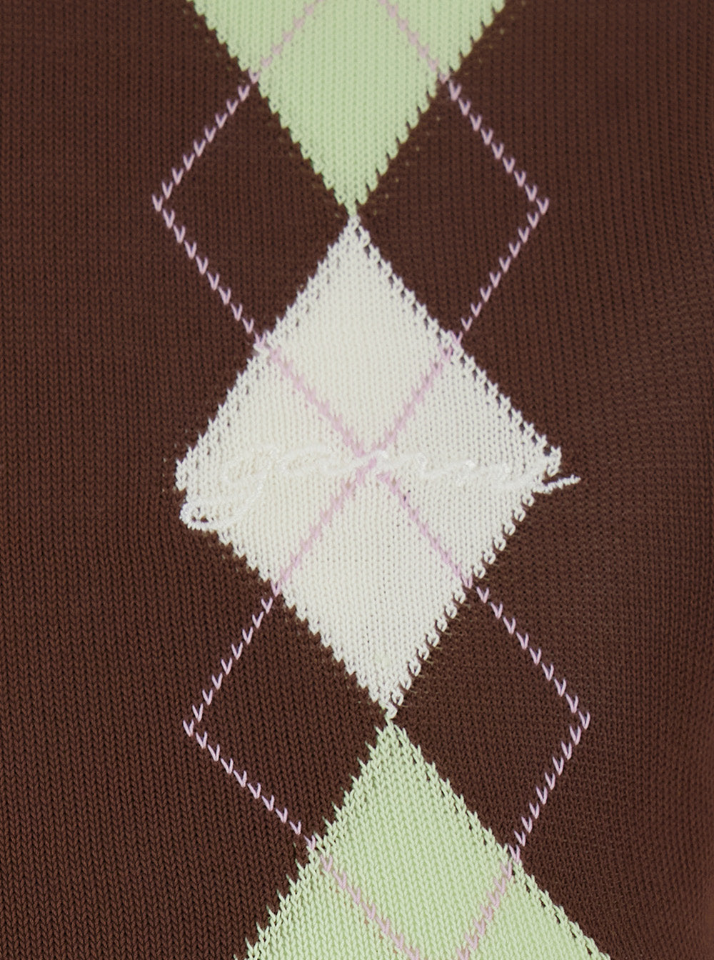 Ganni Women Brown Short-Sleeved Sweater With Argyle Motif On The Front In Cotton For Women