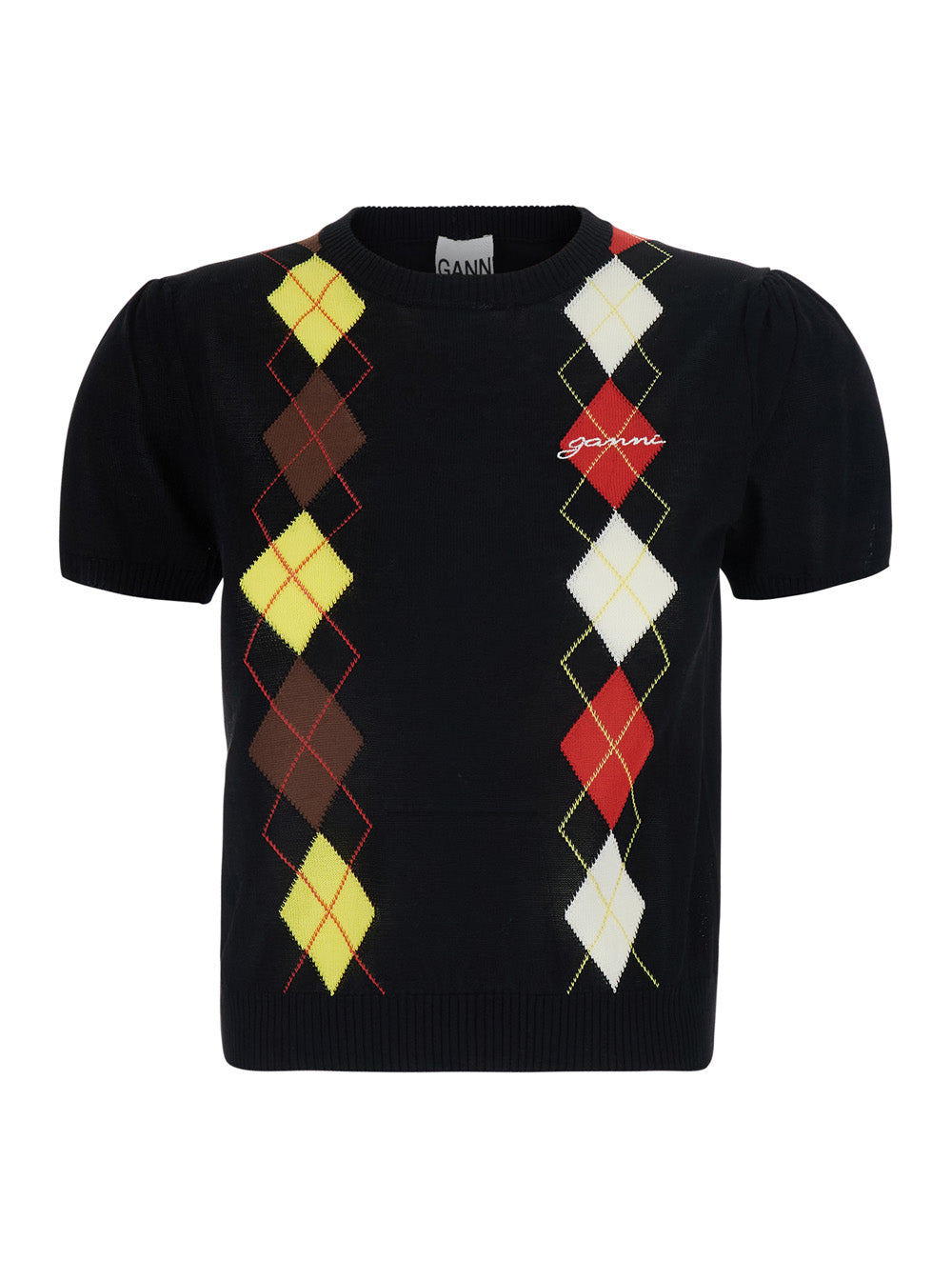 Ganni Women Black Short-Sleeved Sweater With Argyle Motif On The Front In Cotton For Women