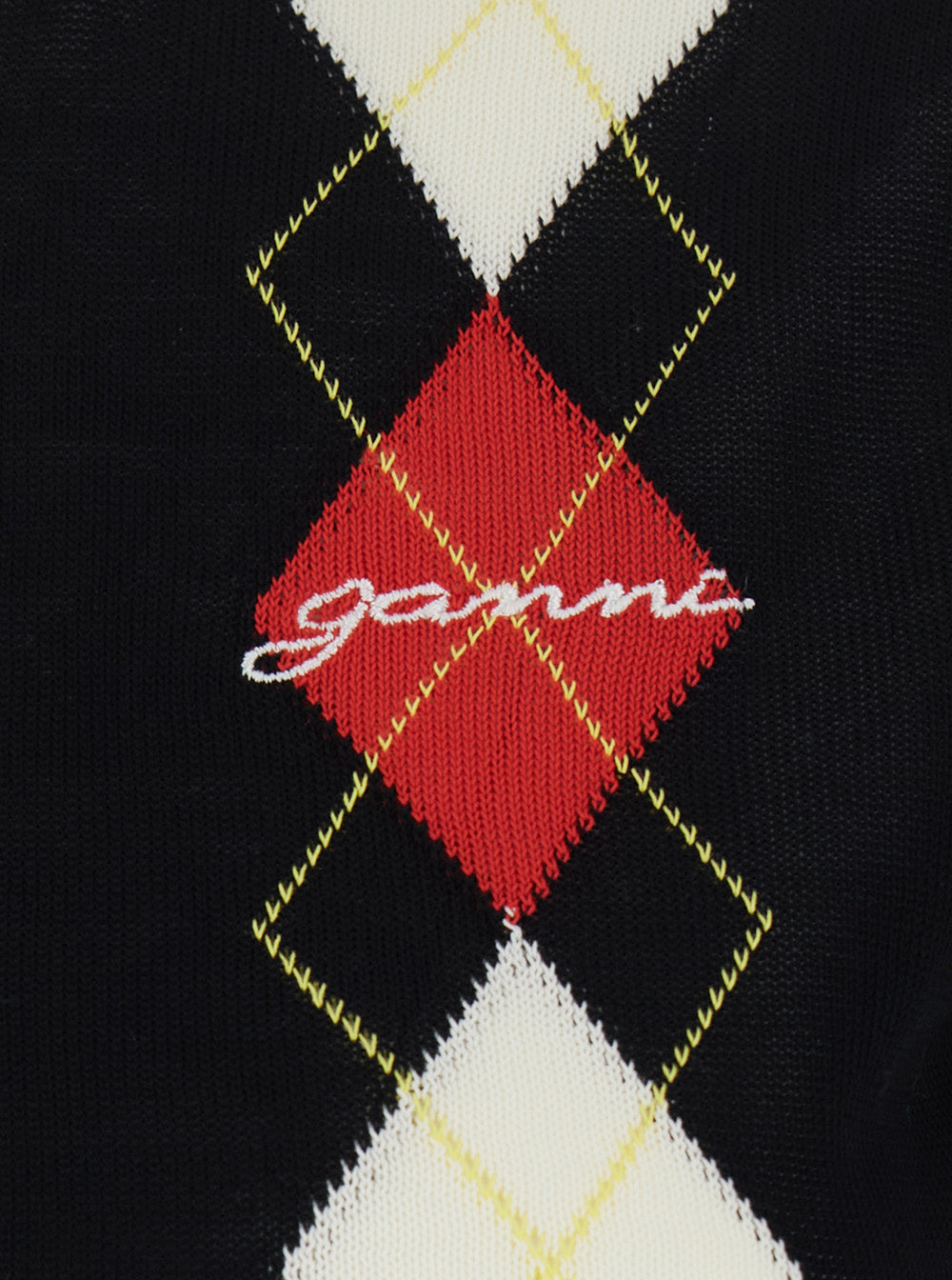 Ganni Women Black Short-Sleeved Sweater With Argyle Motif On The Front In Cotton For Women