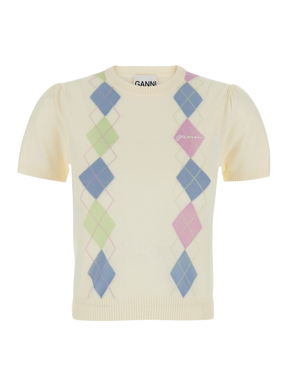 Ganni Women White Short-Sleeved Sweater With Argyle Motif On The Front In Cotton For Women