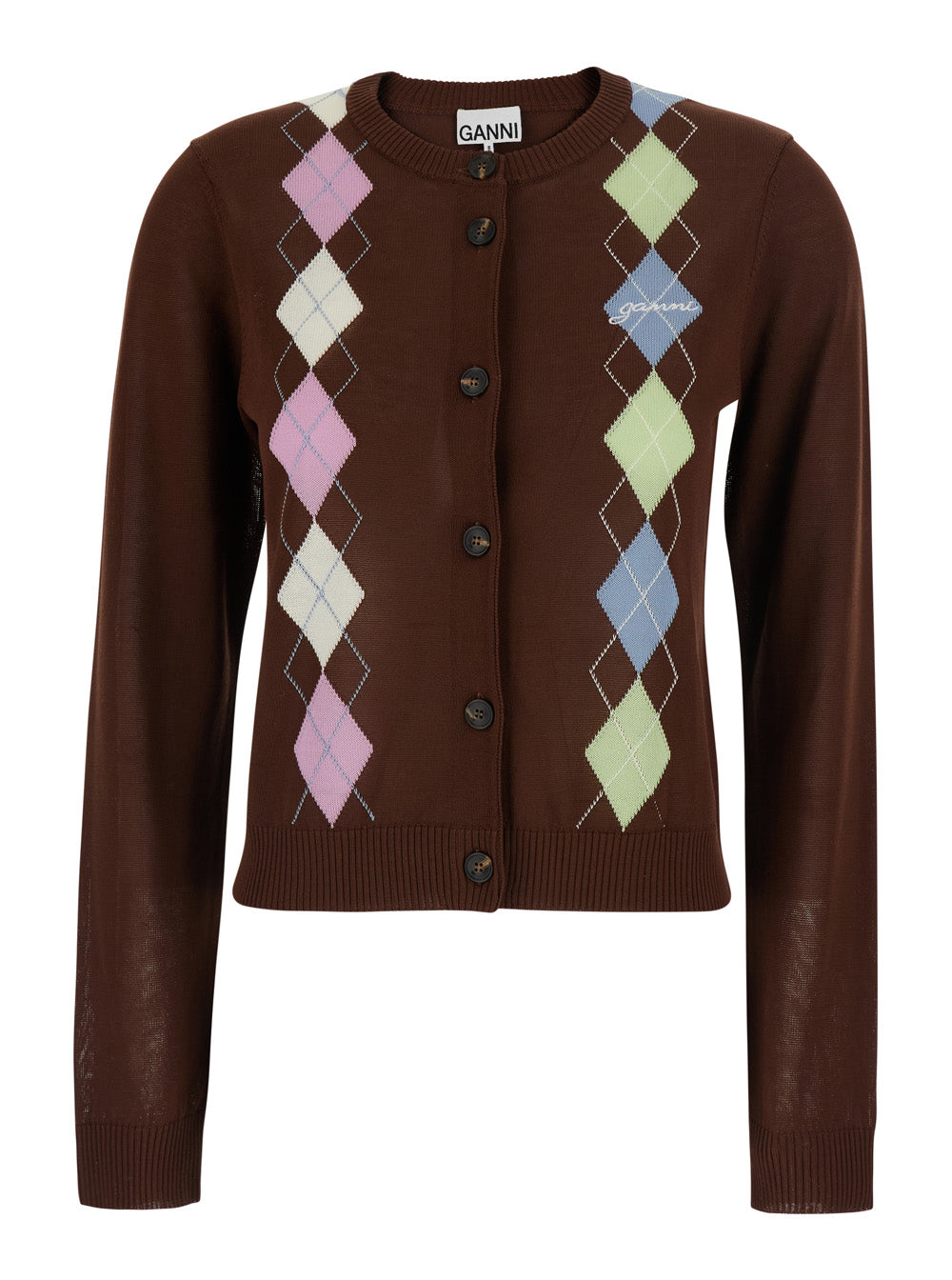 Ganni Women Brown Crew Neck Cardigan With An Argyle Motif On The Front In Cotton For Women