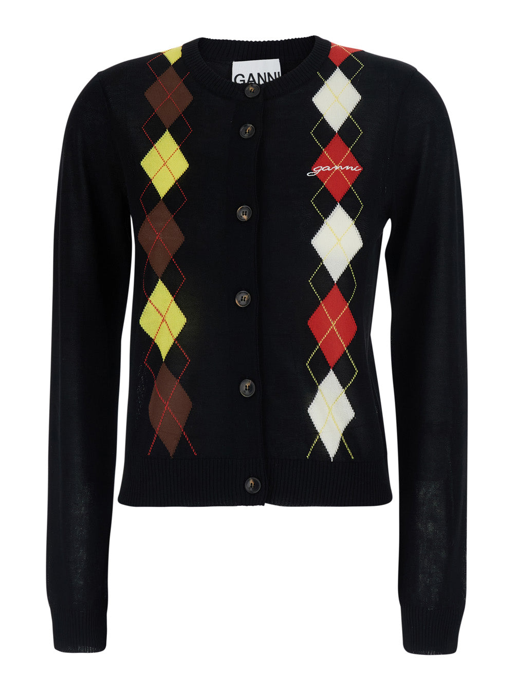 Ganni Women Black Crew Neck Cardigan With Argyle Motif On The Front In Cotton For Women