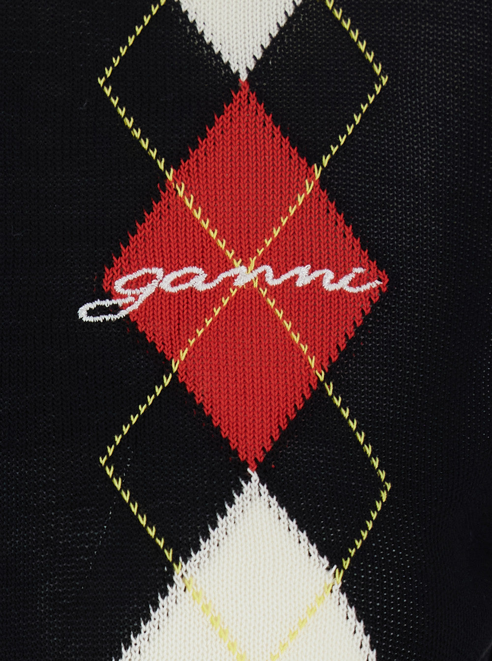 Ganni Women Black Crew Neck Cardigan With Argyle Motif On The Front In Cotton For Women