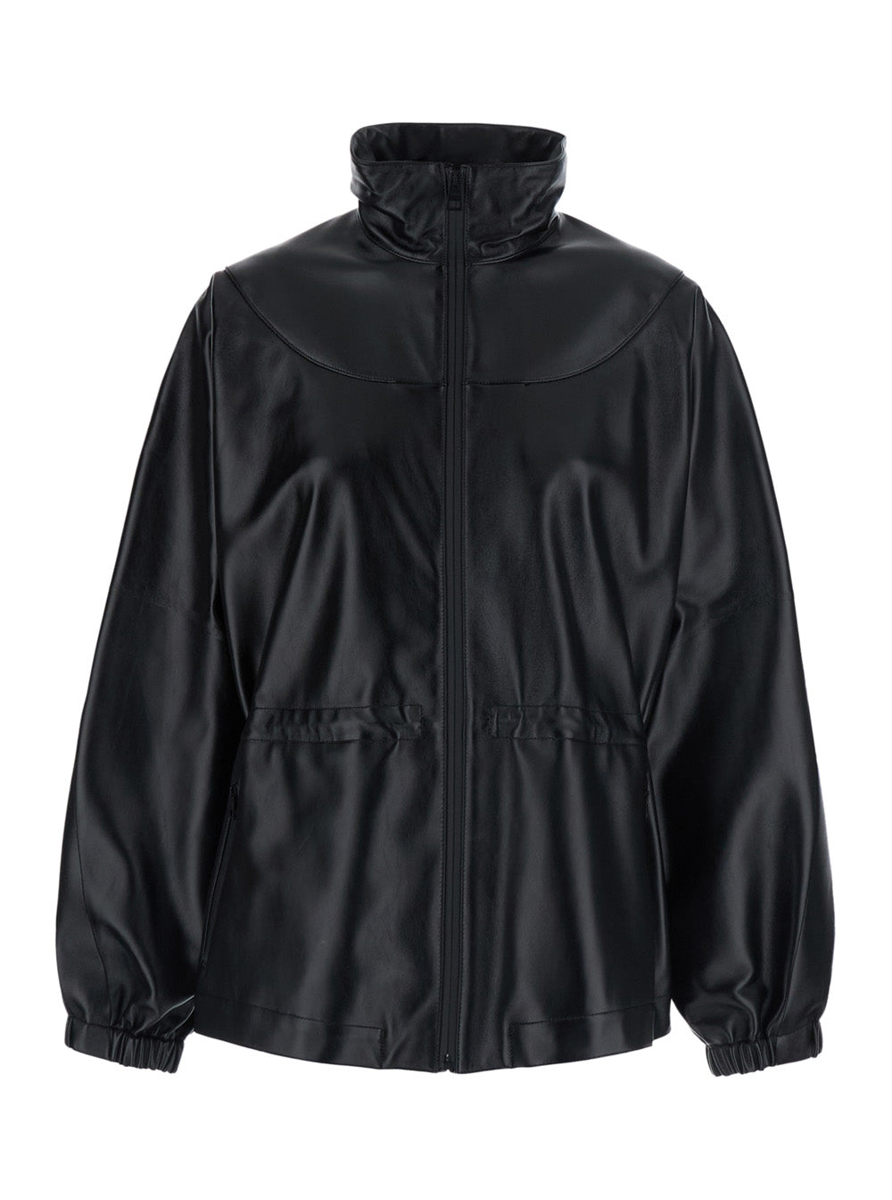 Givenchy Women Black High Collar Jacket With Elasticated Waist And Impressed Logo Lettering Impressed On The Front In Leather For Women GIVENCHY