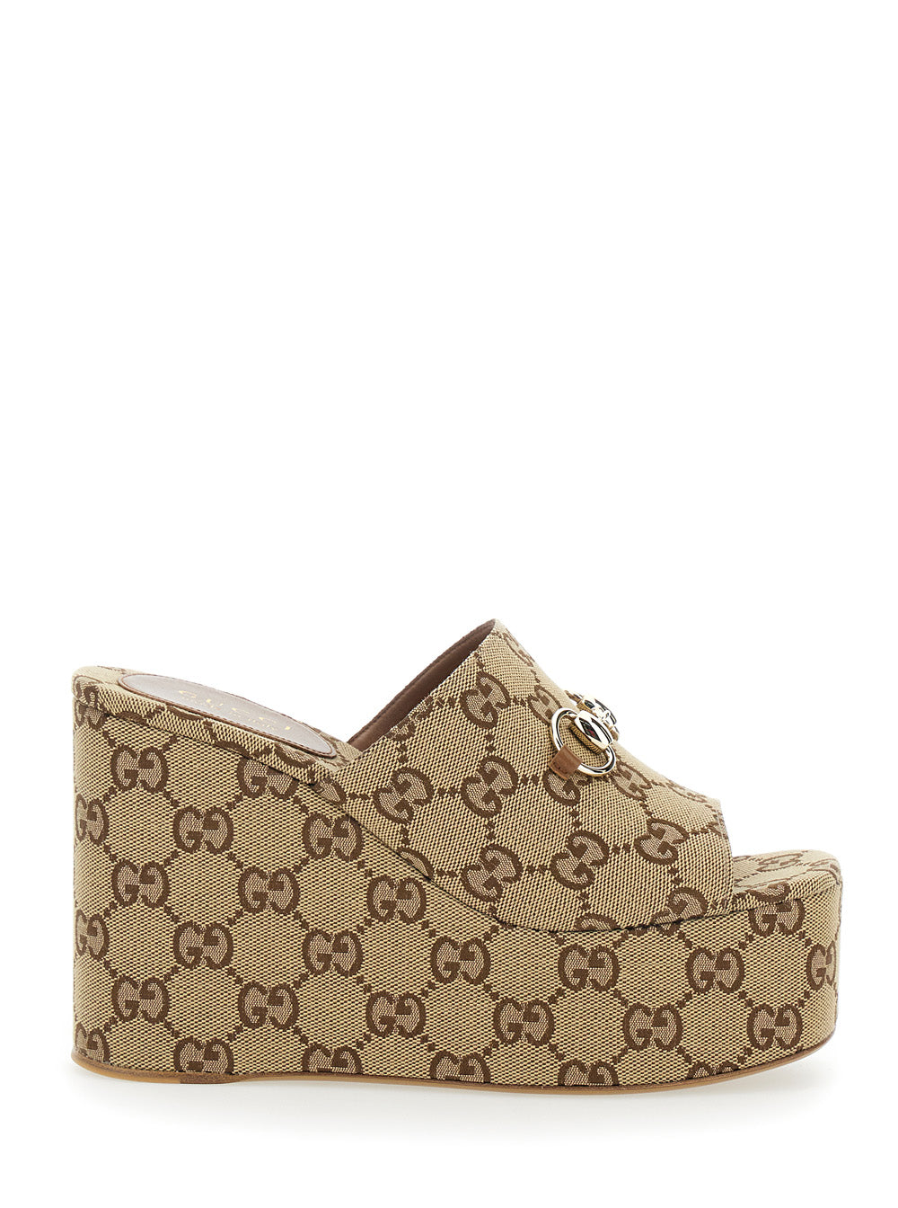 Gucci Women 'Carmen' Beige Wedges With All-Over Gg Motif And Horsebit Detail In Cotton For Women