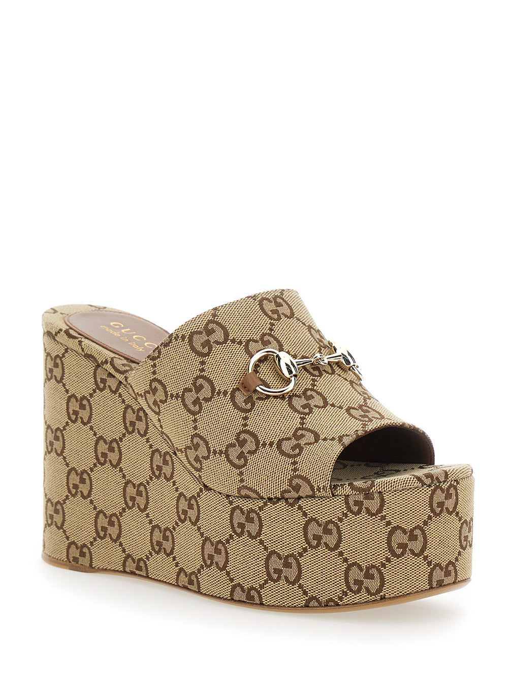 Gucci Women 'Carmen' Beige Wedges With All-Over Gg Motif And Horsebit Detail In Cotton For Women