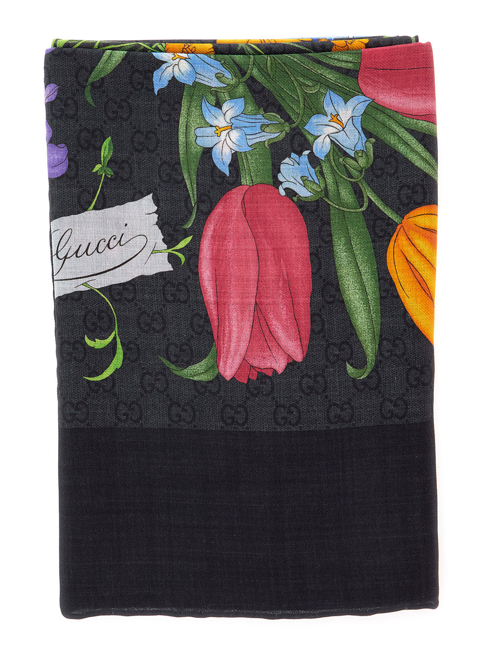 Gucci Women Black Scarf With Floral Print And All-Over Gg In Wool And Silk For Women