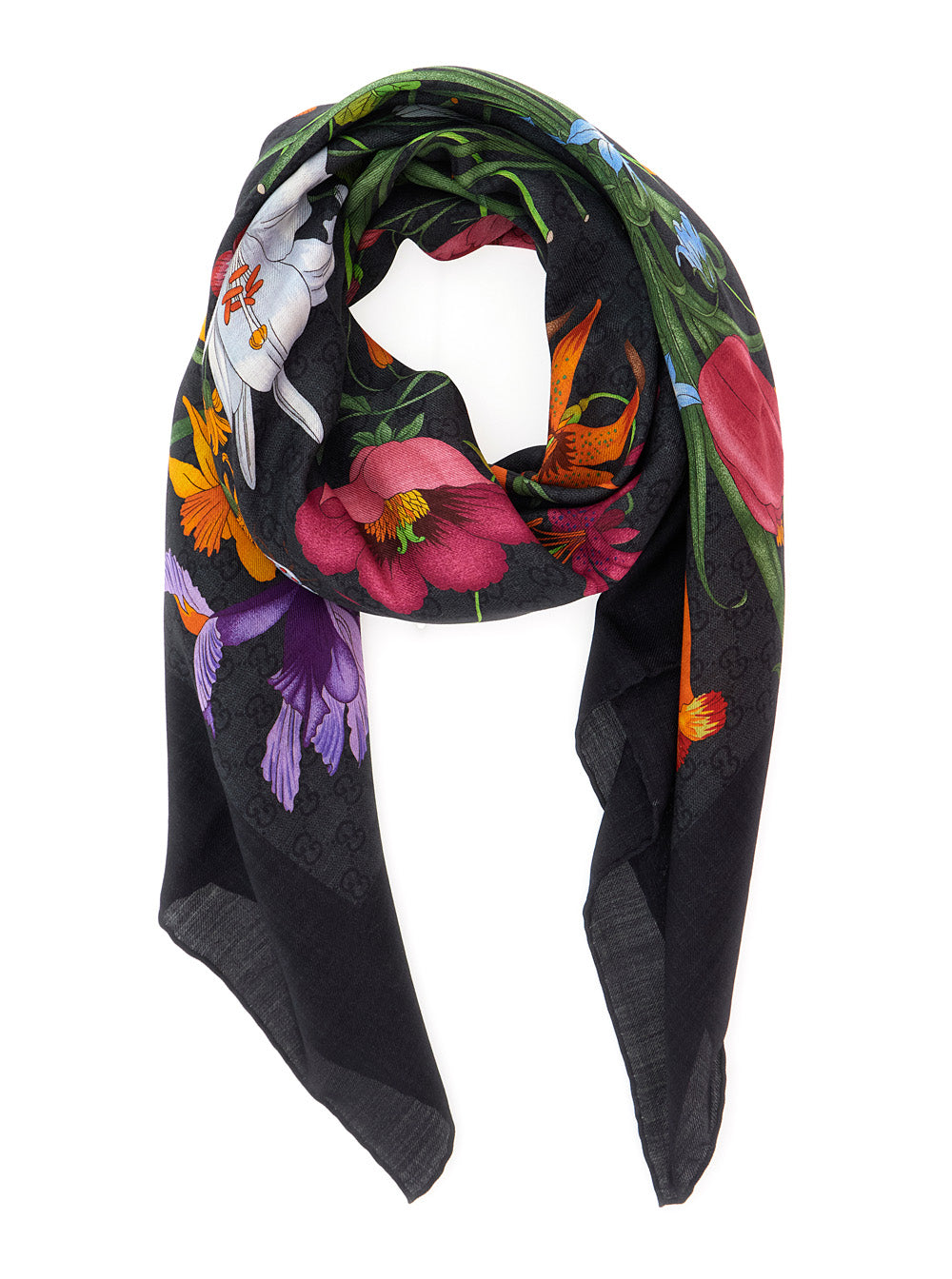 Gucci Women Black Scarf With Floral Print And All-Over Gg In Wool And Silk For Women