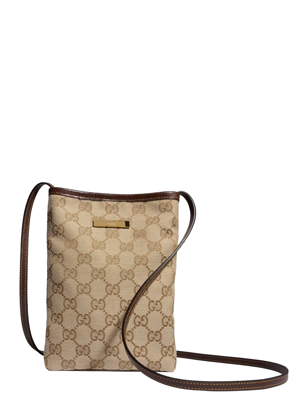 Gucci Women Beige Cell Phone Pouch With Shoulder Strap And Logo Plate On The Front In Gg Supreme Canvas And Leather For Women