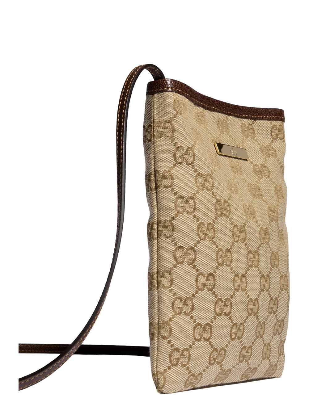 Gucci Women Beige Cell Phone Pouch With Shoulder Strap And Logo Plate On The Front In Gg Supreme Canvas And Leather For Women