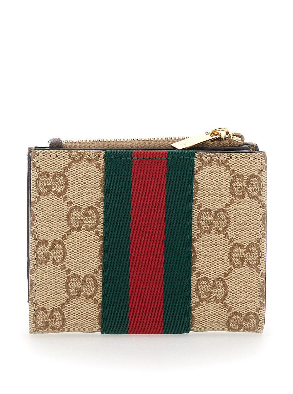Gucci Women Beige Wallet With Web Stripe And Zip Closure And Magnetic Button In Gg Canvas For Women