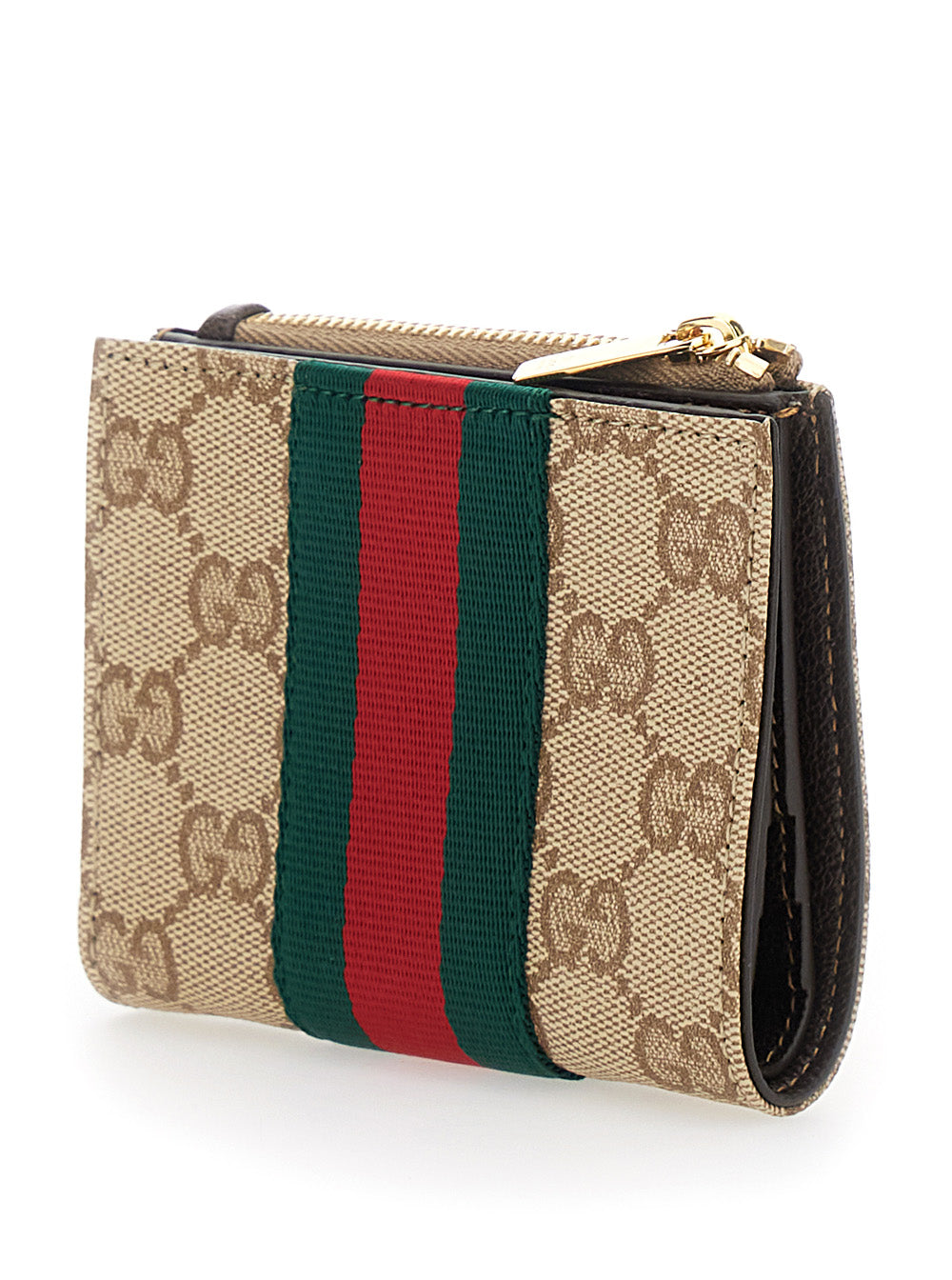 Gucci Women Beige Wallet With Web Stripe And Zip Closure And Magnetic Button In Gg Canvas For Women