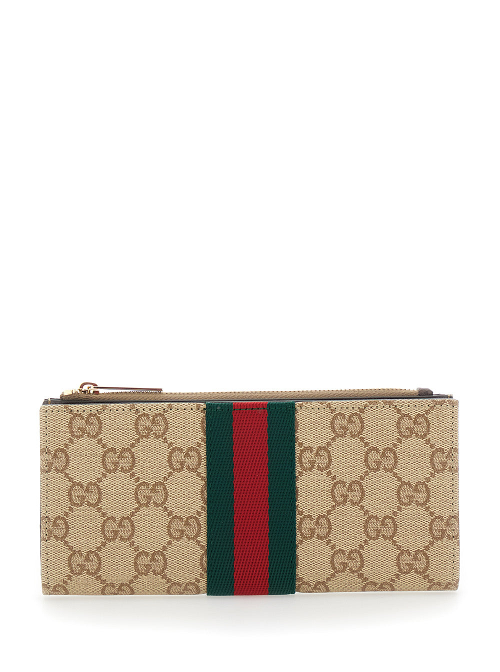 Gucci Women Beige Wallet With Web Stripe And Top Zip In Gg Canvas For Women GUCCI