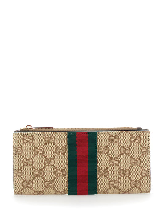 Gucci Women Beige Wallet With Web Stripe And Top Zip In Gg Canvas For Women GUCCI