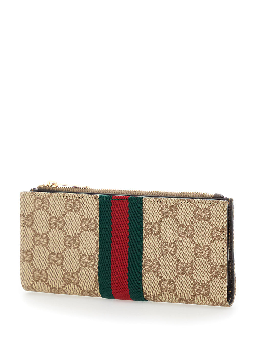 Gucci Women Beige Wallet With Web Stripe And Top Zip In Gg Canvas For Women GUCCI