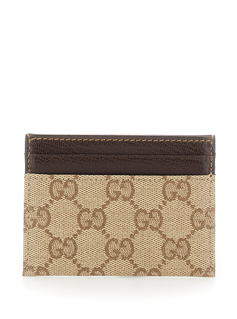Gucci Men Beige Cardholder With Contrasting Stitching In Gg Supreme Canvas And Leather For Men