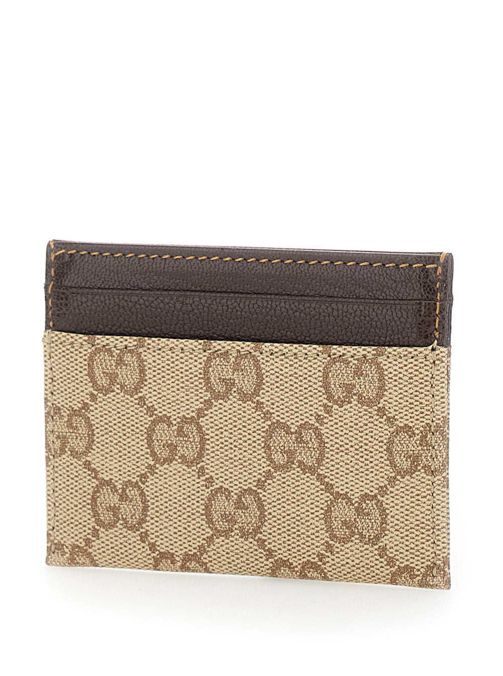 Gucci Men Beige Cardholder With Contrasting Stitching In Gg Supreme Canvas And Leather For Men