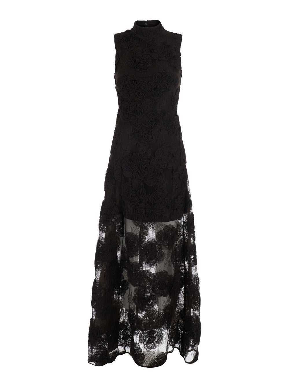 Rotate Women Brown Sleeveless Long Dress With High Collar And All-Over Floral Embroidery In Tech Fabric For Women