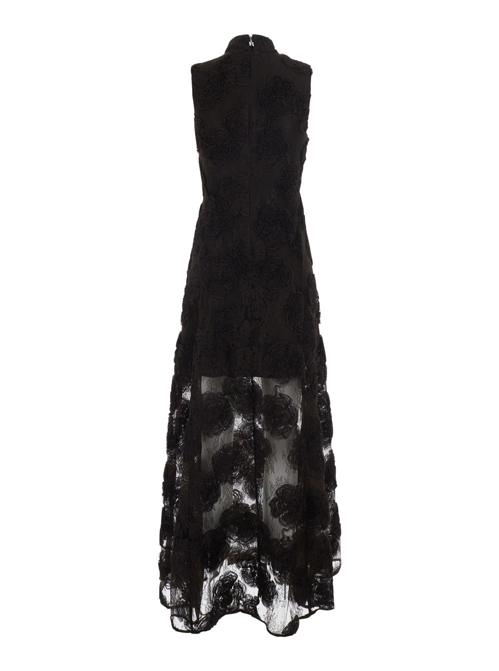 Rotate Women Brown Sleeveless Long Dress With High Collar And All-Over Floral Embroidery In Tech Fabric For Women