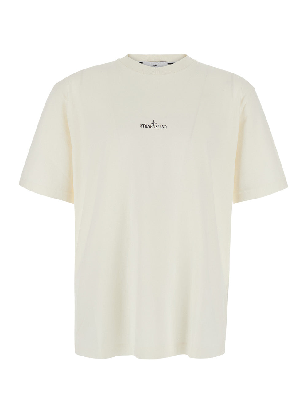 Stone Island Men Beige Crew Neck T-Shirt With Logo Lettering On The Front And Maxi Logo Print On The Back In Cotton For Men