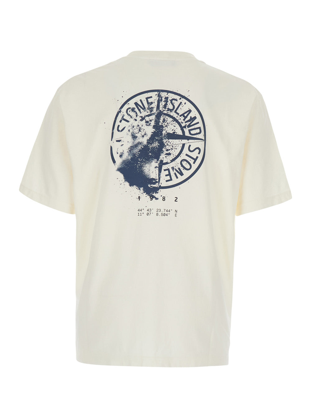 Stone Island Men Beige Crew Neck T-Shirt With Logo Lettering On The Front And Maxi Logo Print On The Back In Cotton For Men