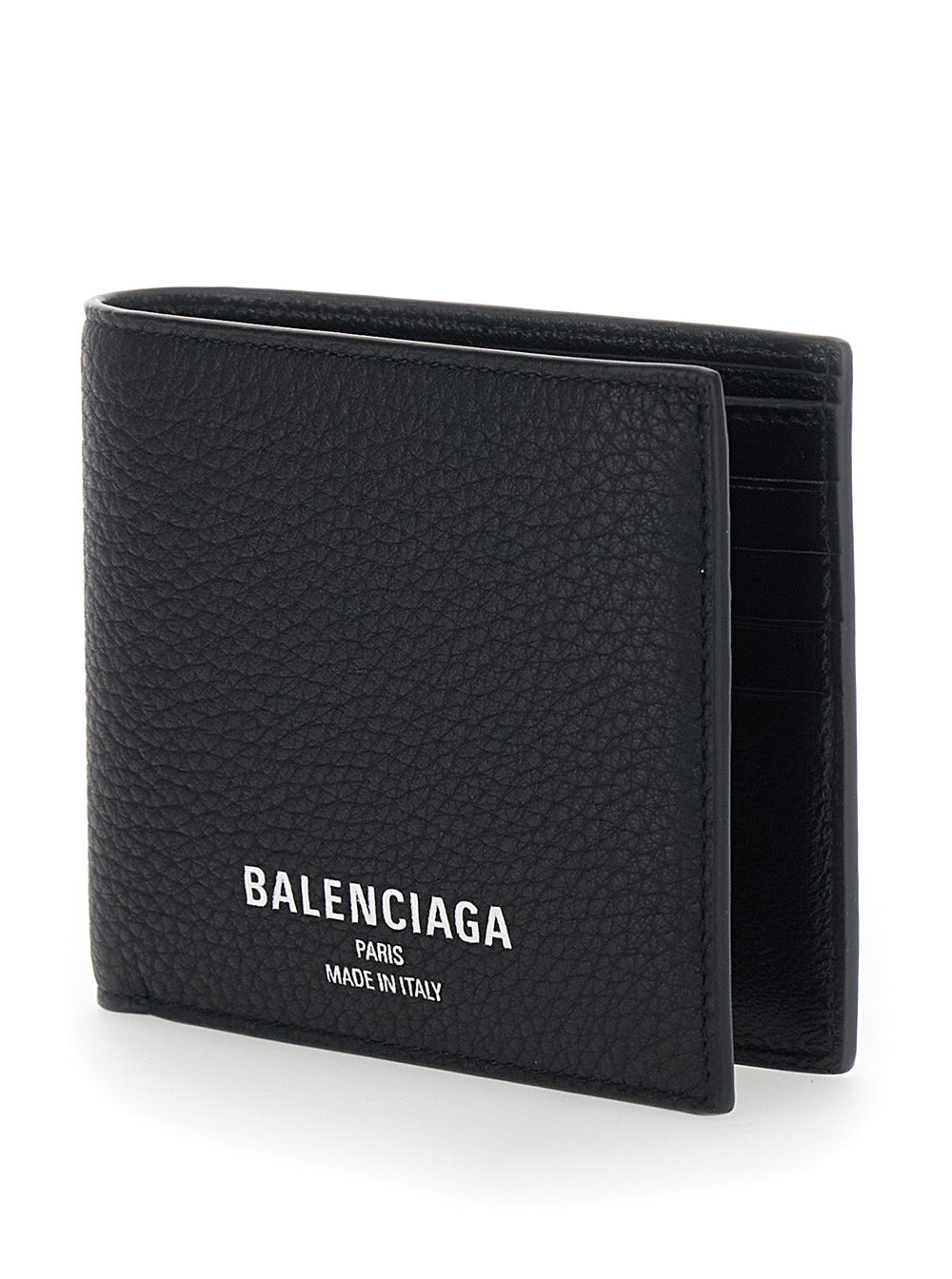 Balenciaga Men Black Leather Logo Lettering Bifold Wallet For Men BALENCIAGA