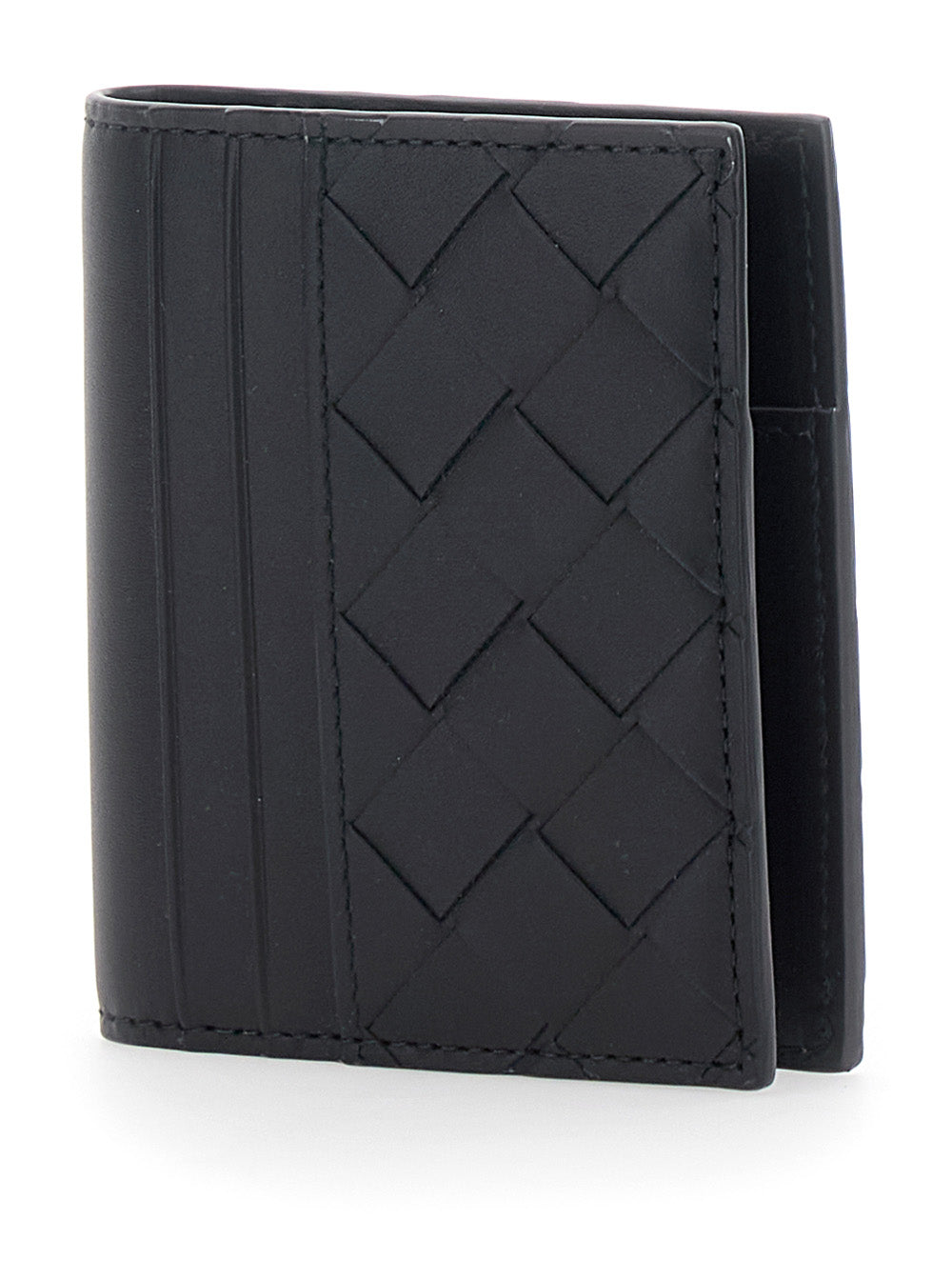 Bottega Veneta Men Cardholder With Intreccio Motif And Lettering Logo Impressed Inside In Black Leather For Men
