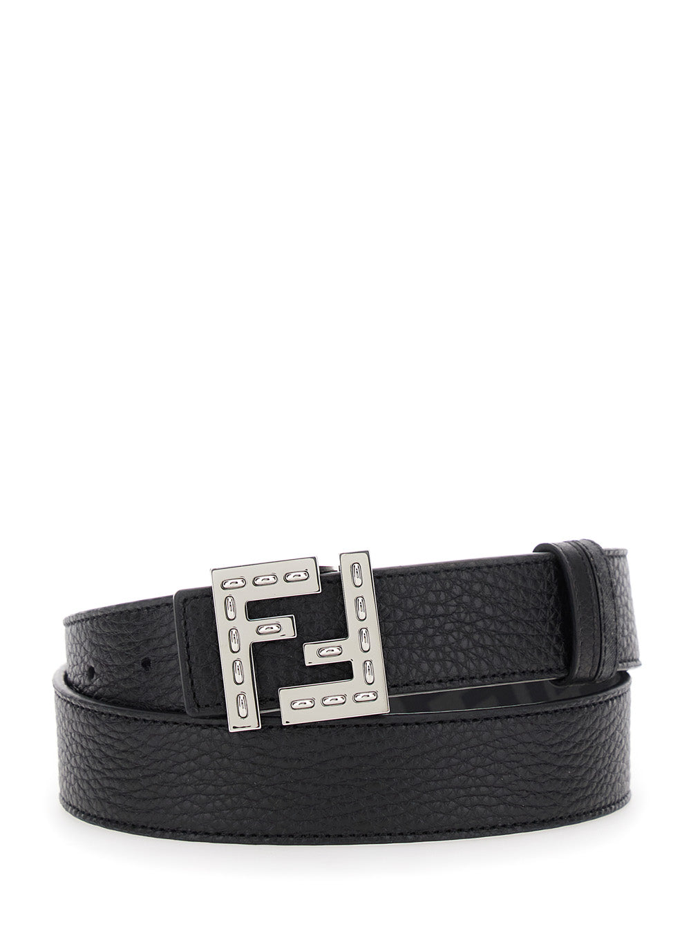 Fendi Men Belt With Ff Logo Plate In Metallic And Black Grained Leather For Men FENDI