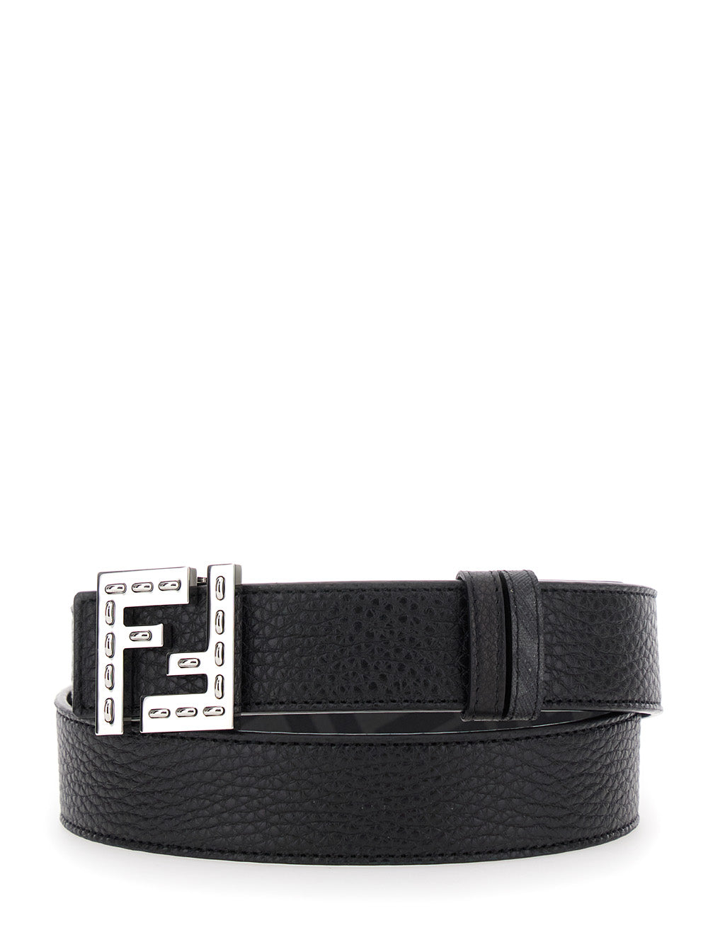 Fendi Men Belt With Ff Logo Plate In Metallic And Black Grained Leather For Men FENDI