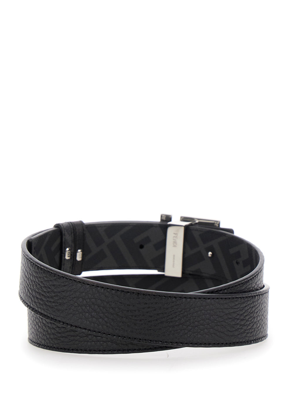 Fendi Men Belt With Ff Logo Plate In Metallic And Black Grained Leather For Men FENDI