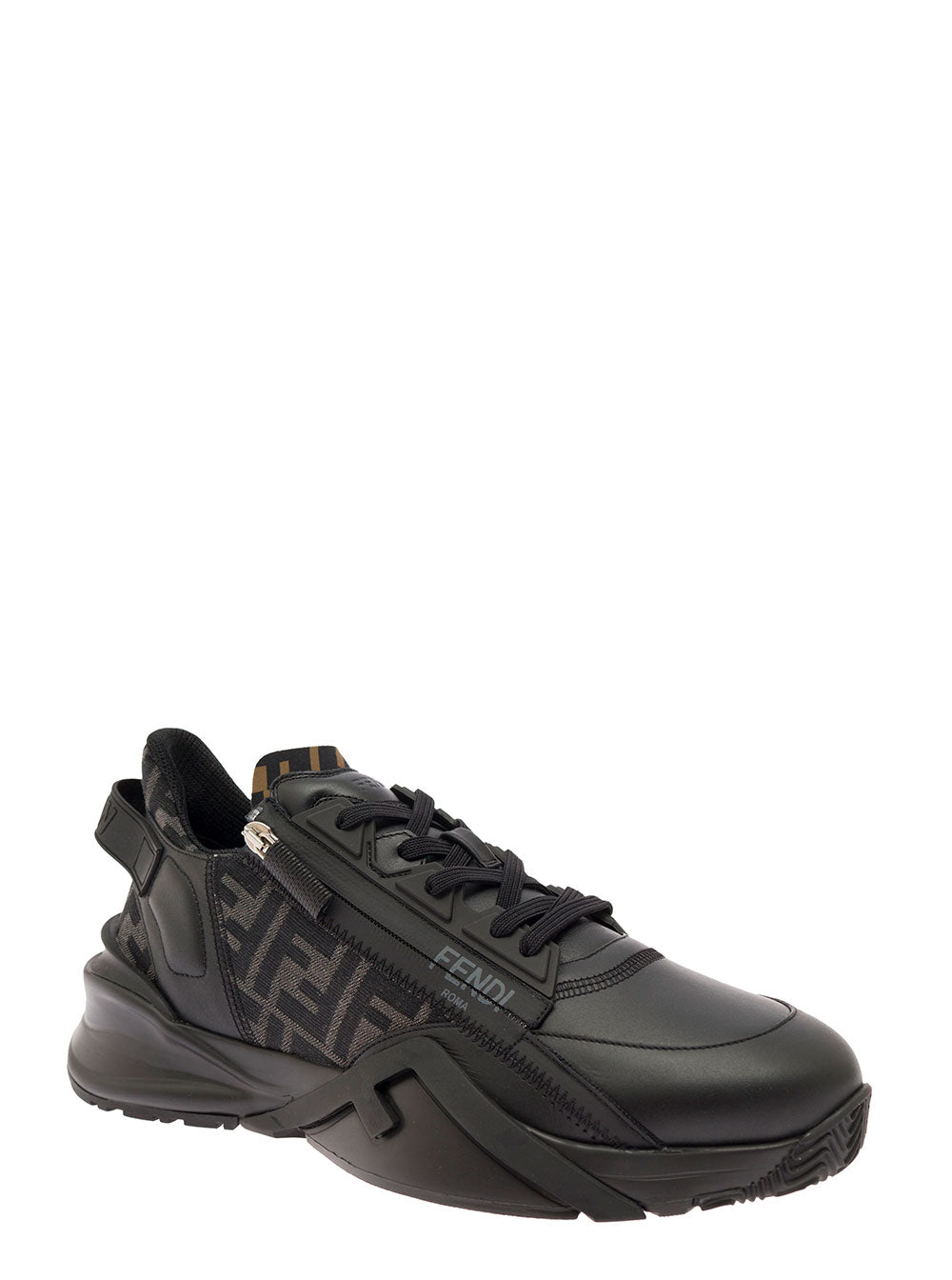 Fendi Men Sneaker 'Fendi Flow' With Ff Logo And Zip Detail On The Side In Black Leather Men FENDI