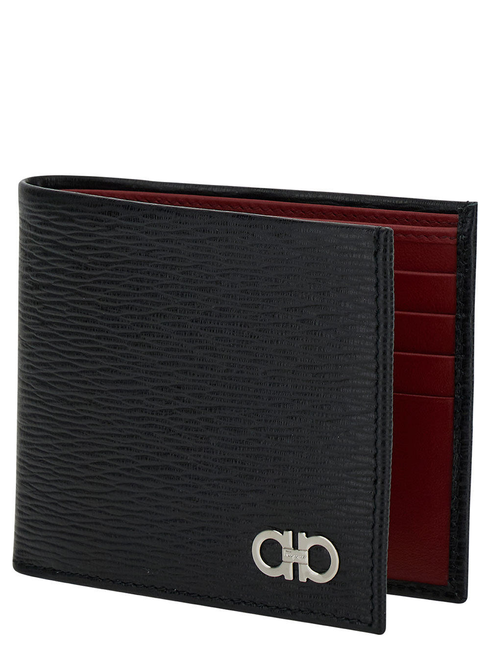 Ferragamo Men Wallet 'Revival' Gancini With Double Hook In Grained Black Leather For Men FERRAGAMO