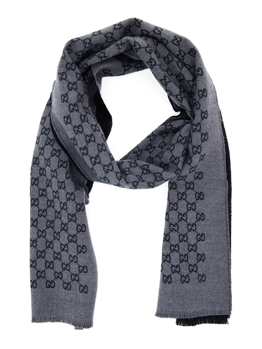 Gucci Men Scarf With Gg Motif In Gray Jacquard Wool For Men GUCCI
