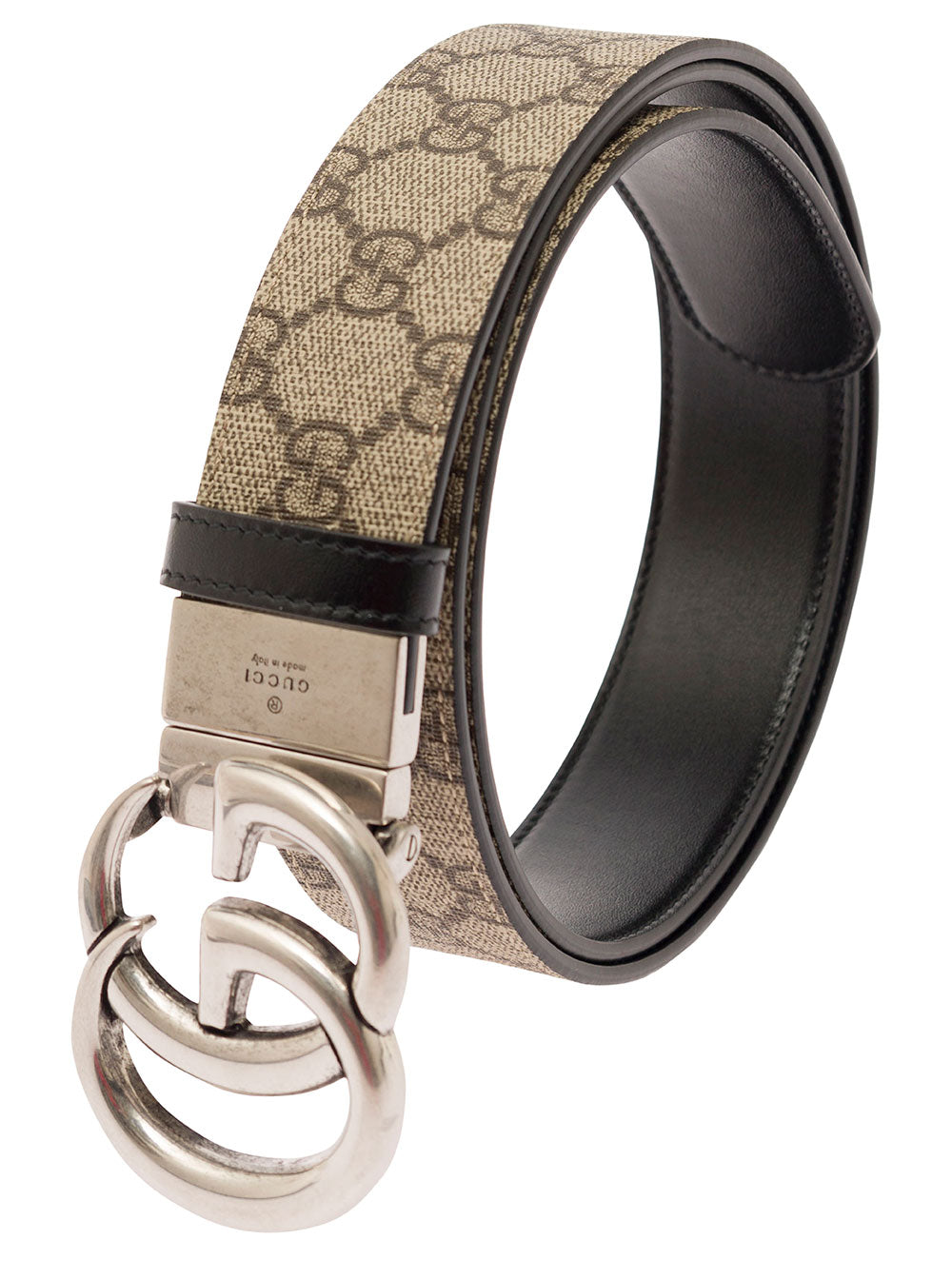 Gucci Men Reversible Belt With Double G Buckle In Gg Canvas And Beige Leather For Men GUCCI