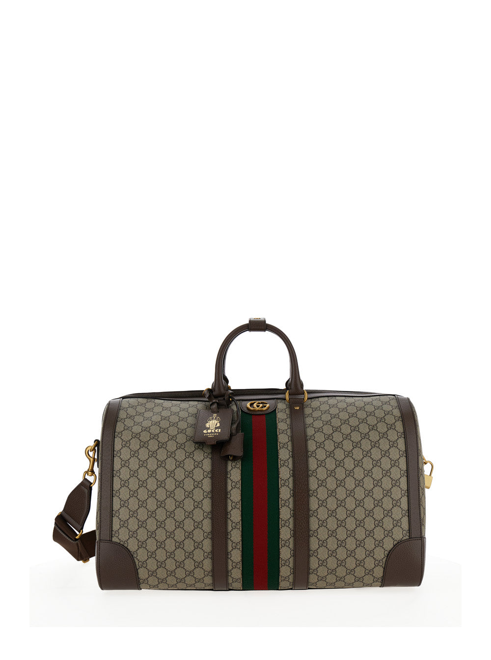 Gucci Men Travel Bag 'Gucci Savoy Grande' With Web Detail In Gg Canvas Beige And Ebony Men GUCCI